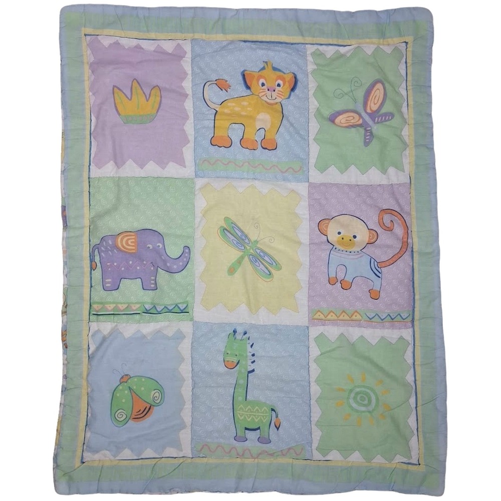 Pastel Patchwork Jungle Crib Blanket Giraffe Monkey Elephant Lion 30x40 Unisex